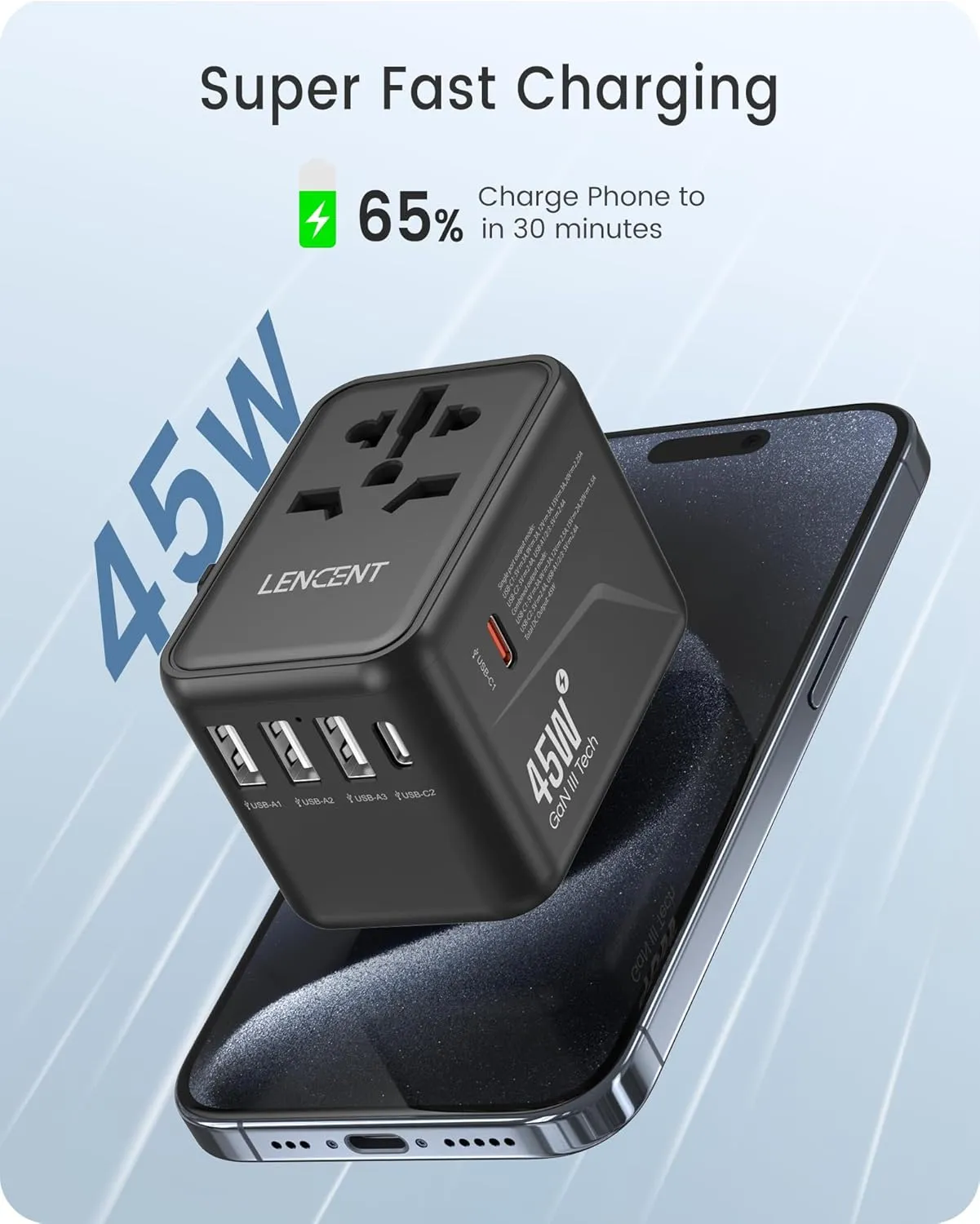 LENCENT Universal Travel Adapter, GaN III 45W International Charger with 3 USB Ports & 2 USB-C PD Fast Charging Adaptor, Worldwide Wall Charger for iPhone,Laptops, USA/UK/EU/AUS (Black-45W)