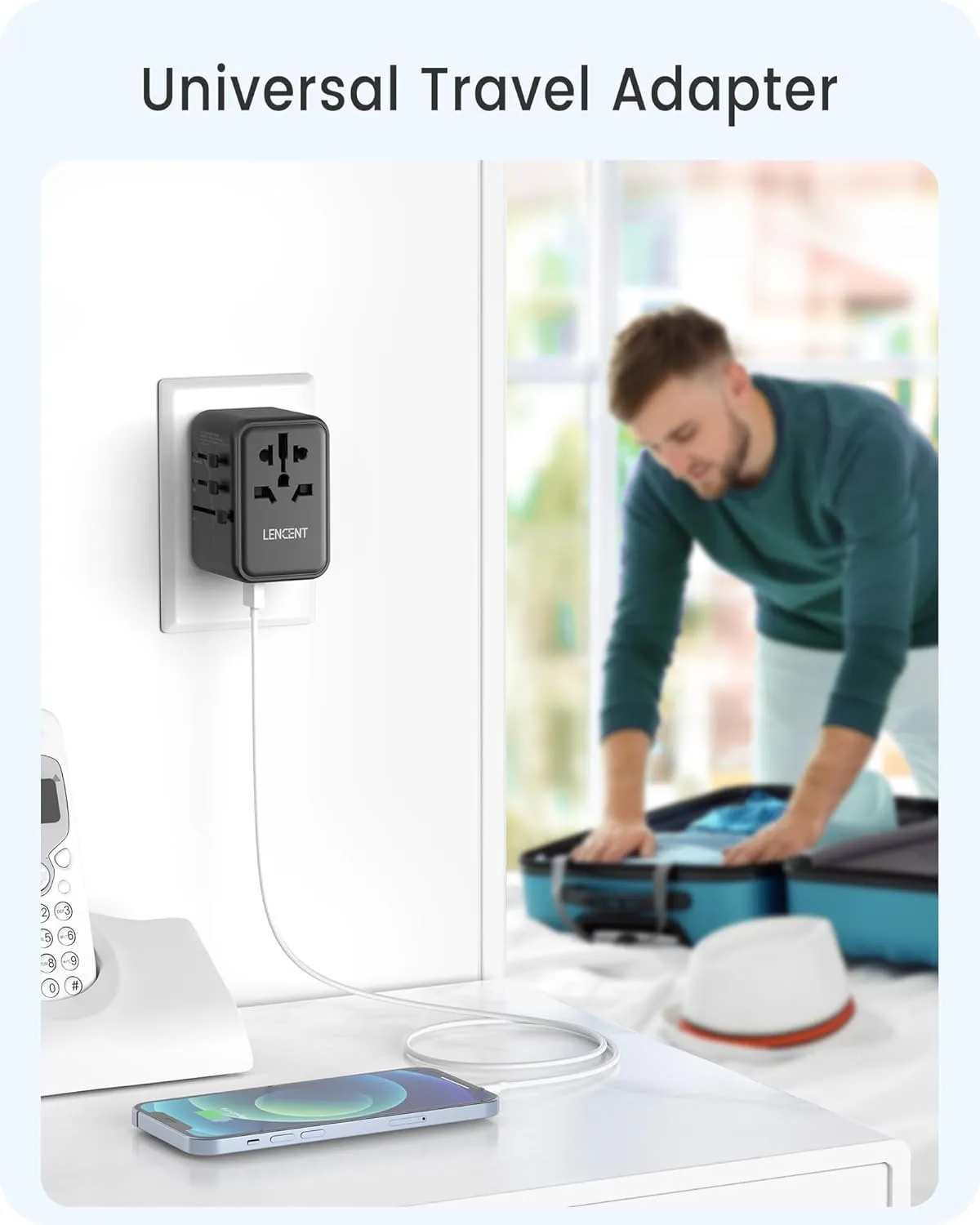 LENCENT Universal Travel Adapter, GaN III 45W International Charger with 3 USB Ports & 2 USB-C PD Fast Charging Adaptor, Worldwide Wall Charger for iPhone,Laptops, USA/UK/EU/AUS (Black-45W)