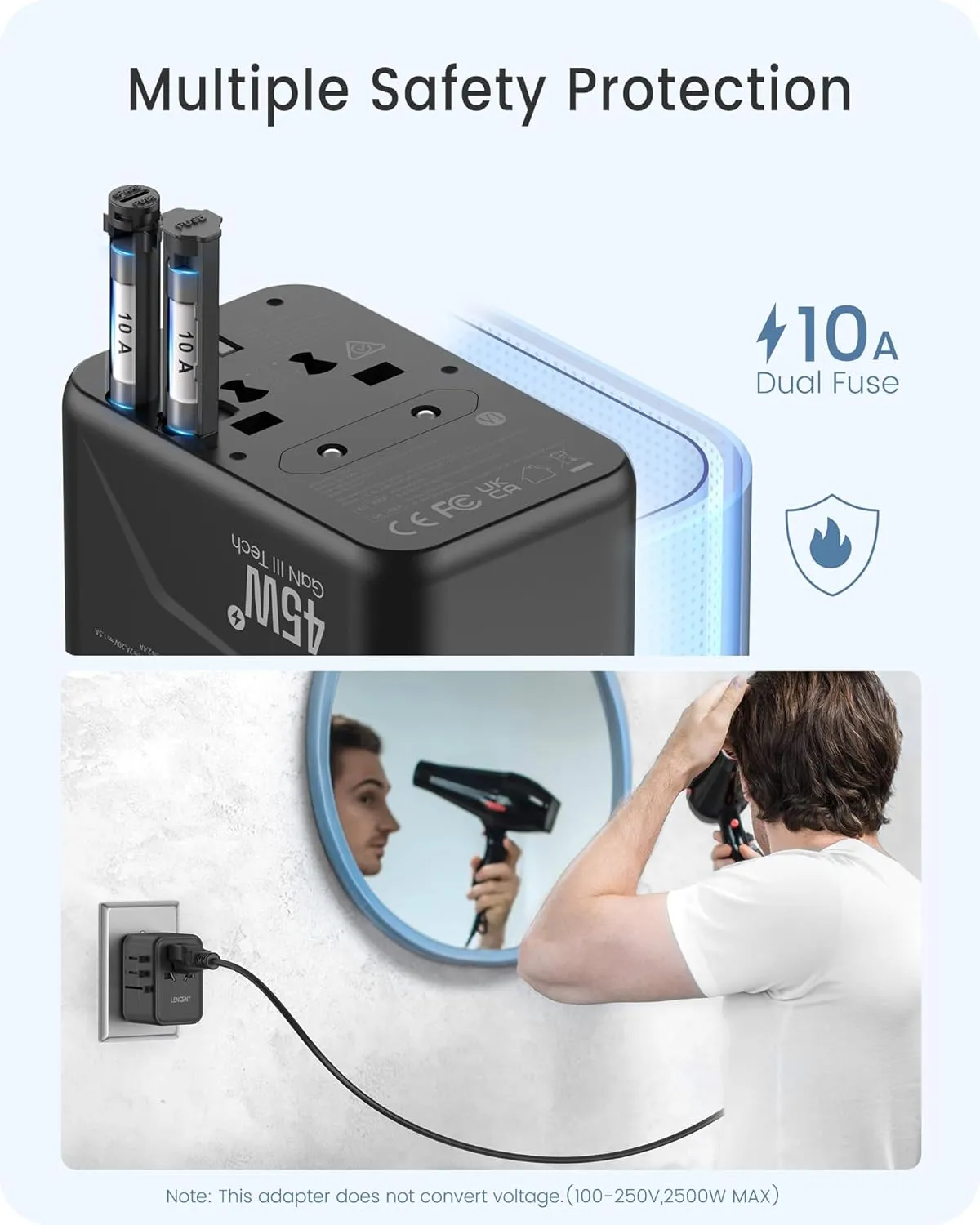 LENCENT Universal Travel Adapter, GaN III 45W International Charger with 3 USB Ports & 2 USB-C PD Fast Charging Adaptor, Worldwide Wall Charger for iPhone,Laptops, USA/UK/EU/AUS (Black-45W)