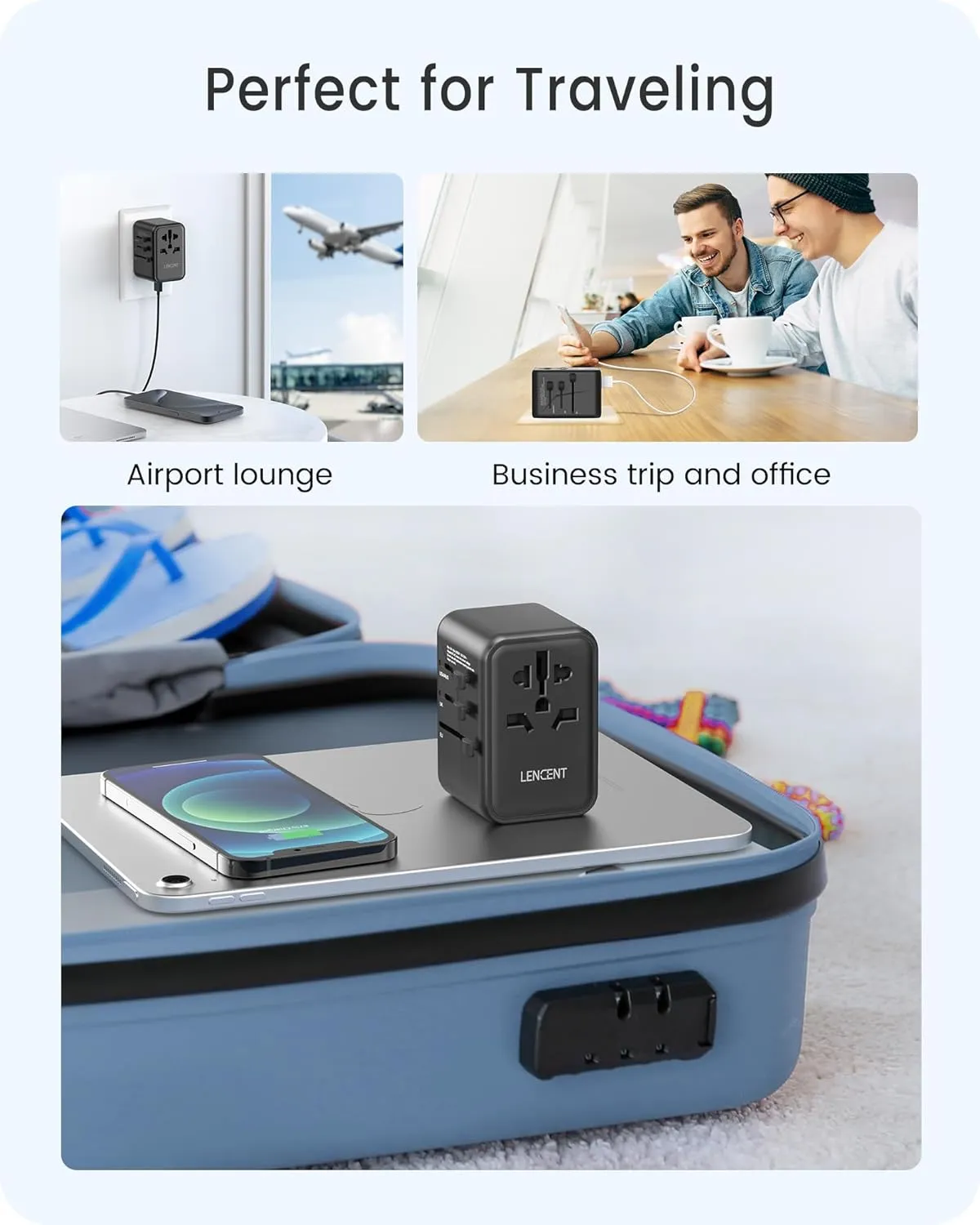 LENCENT Universal Travel Adapter, GaN III 45W International Charger with 3 USB Ports & 2 USB-C PD Fast Charging Adaptor, Worldwide Wall Charger for iPhone,Laptops, USA/UK/EU/AUS (Black-45W)