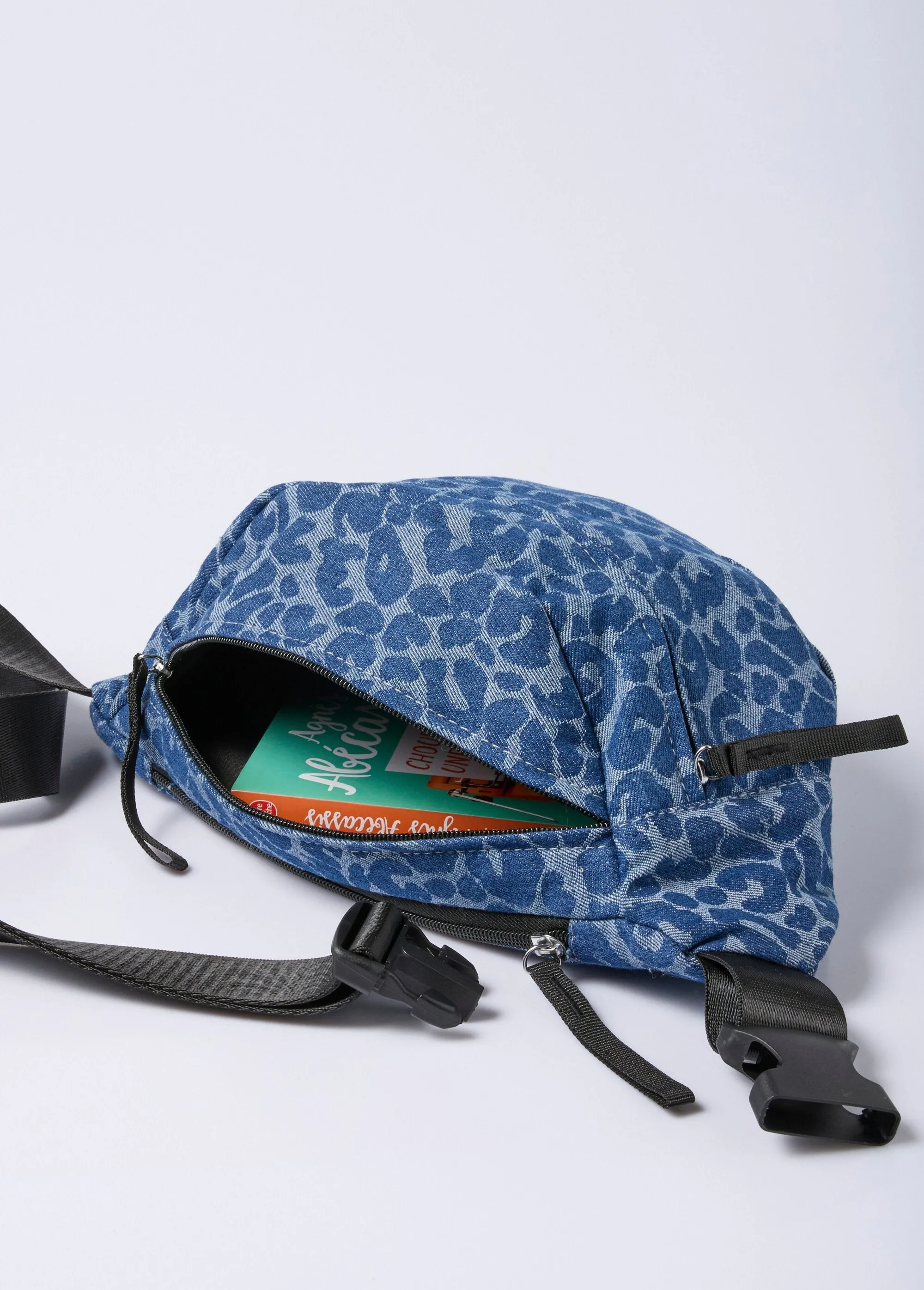 Leopard print denim canvas fanny pack