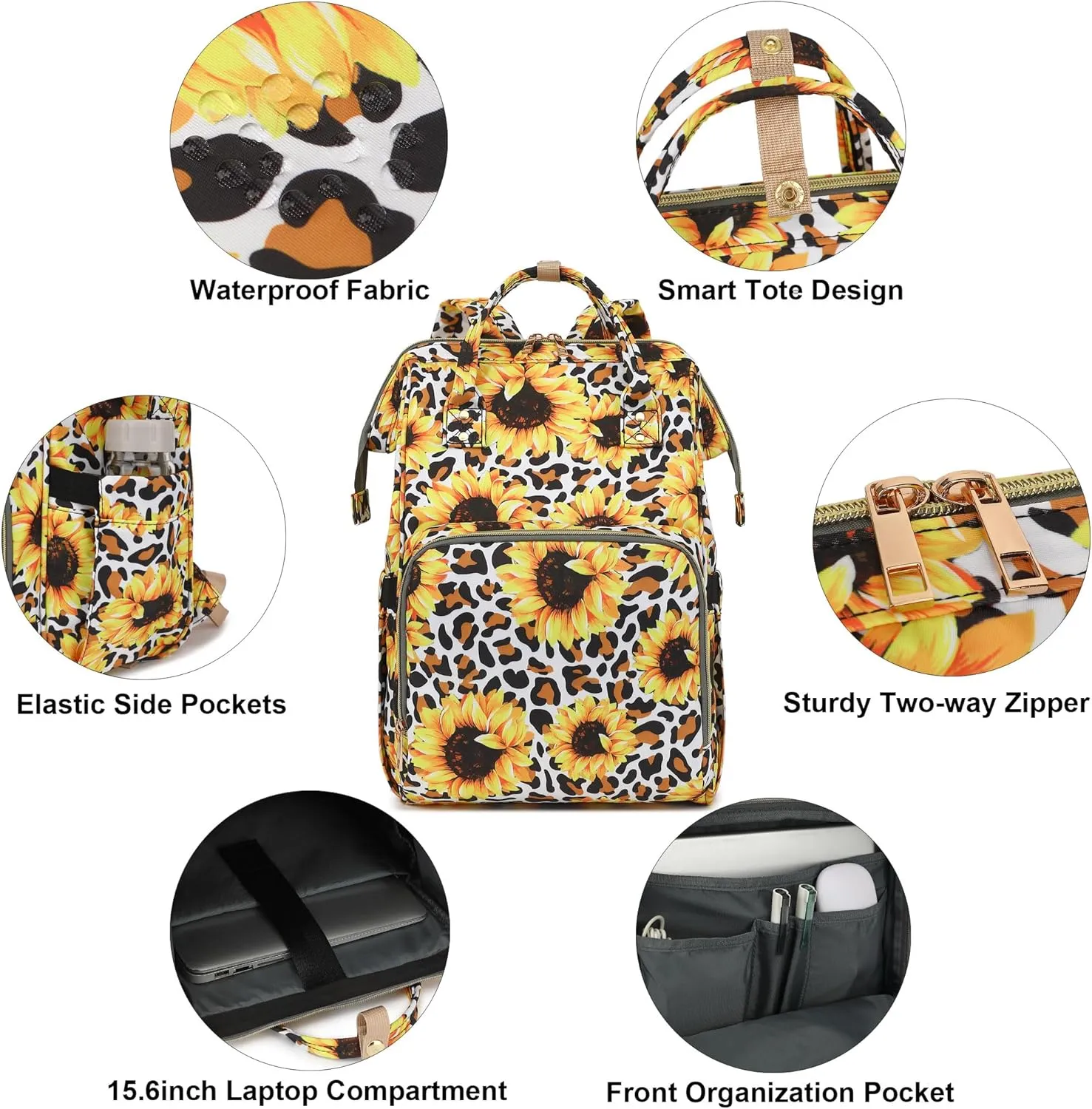Leopard Sunflower Women Laptop Backpack, College School Backpack Bookbag 15.6 Inch Computer Backpacks for Work Business Travel