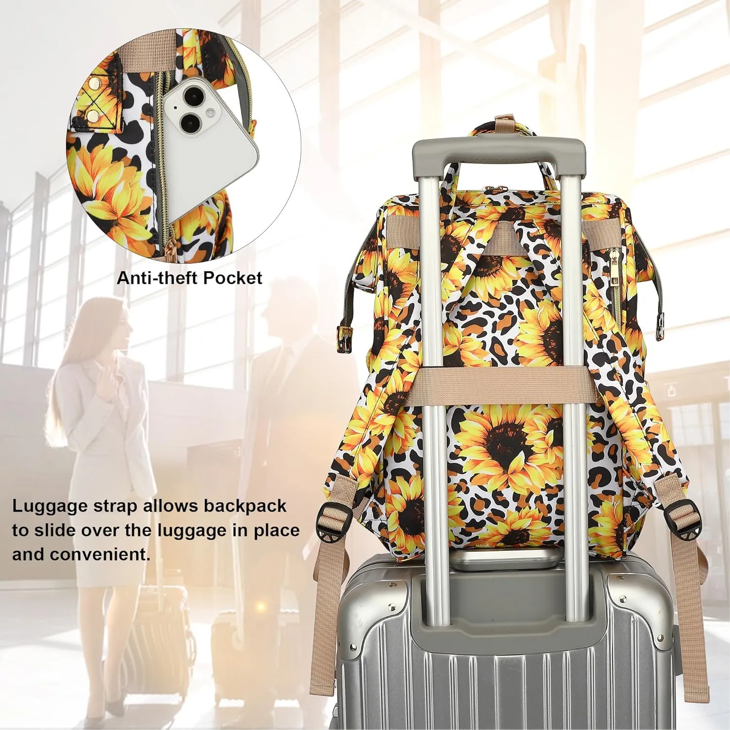 Leopard Sunflower Women Laptop Backpack, College School Backpack Bookbag 15.6 Inch Computer Backpacks for Work Business Travel