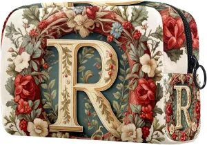 Letter R Surrounded by Wreath Retro Pattern Cosmetic Makeup Bags, Small Travel Zipper Pouch Portable Toiletry Bag Makeup rganizer for Women Teen Girls