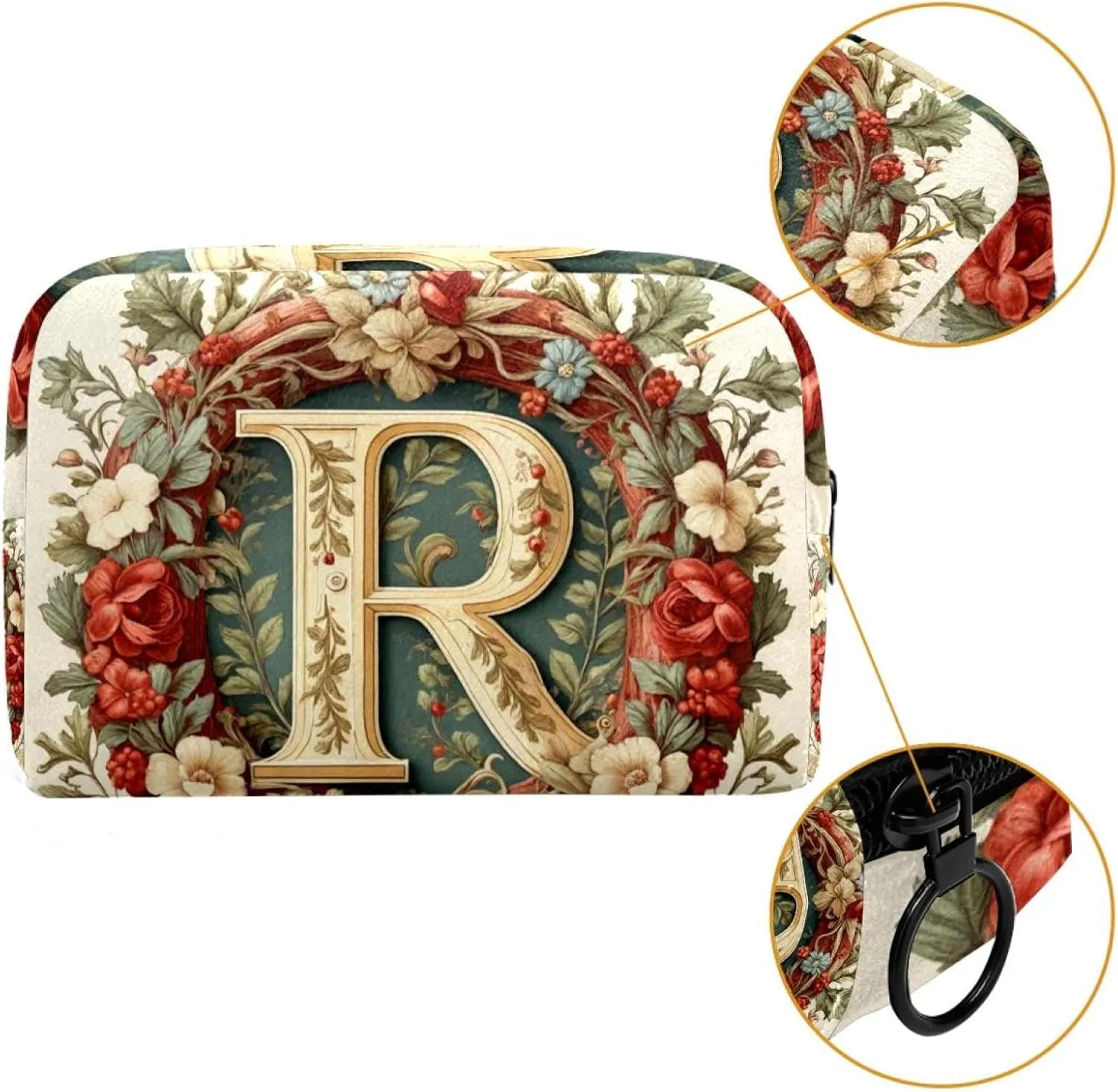 Letter R Surrounded by Wreath Retro Pattern Cosmetic Makeup Bags, Small Travel Zipper Pouch Portable Toiletry Bag Makeup rganizer for Women Teen Girls