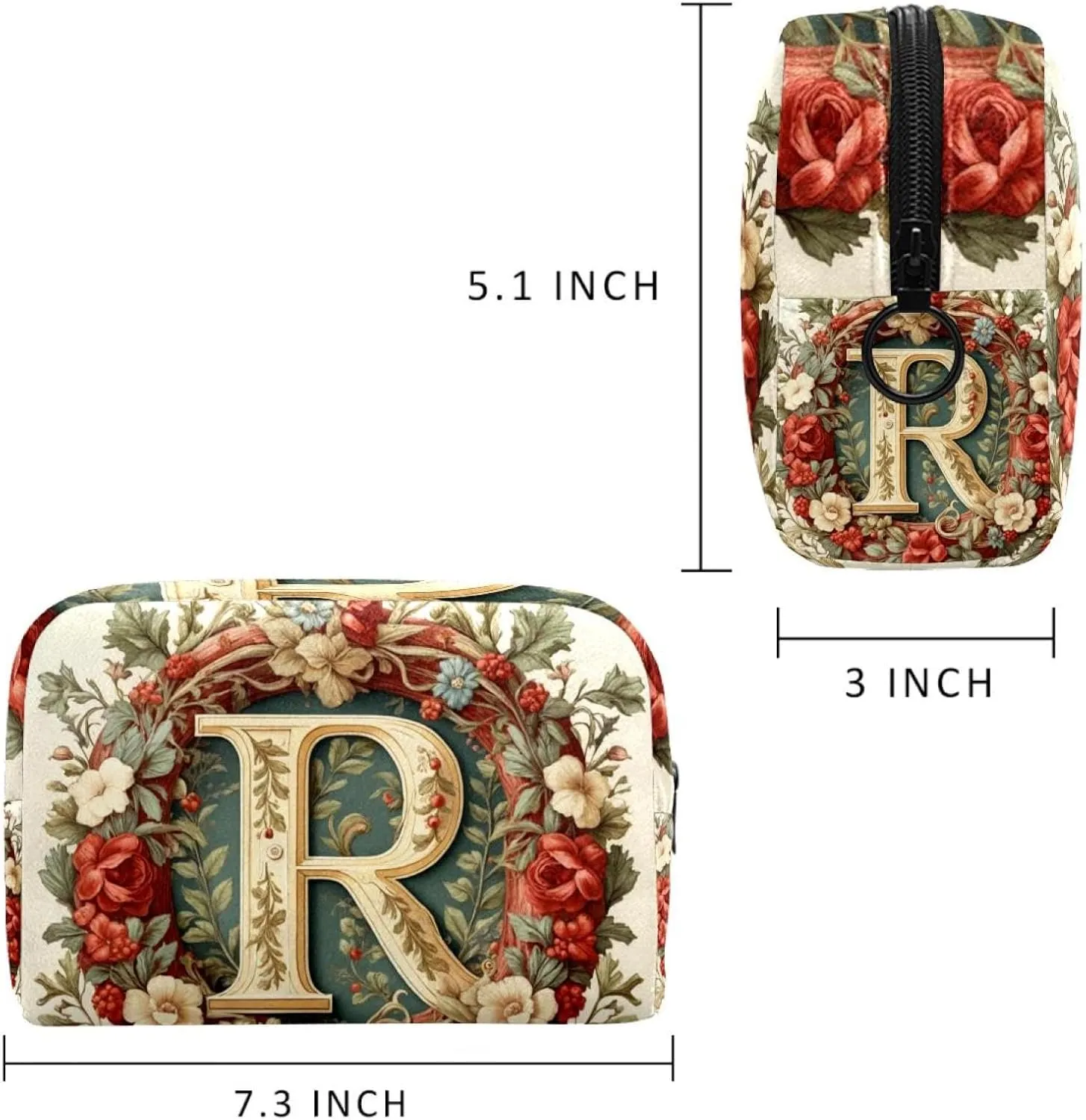 Letter R Surrounded by Wreath Retro Pattern Cosmetic Makeup Bags, Small Travel Zipper Pouch Portable Toiletry Bag Makeup rganizer for Women Teen Girls