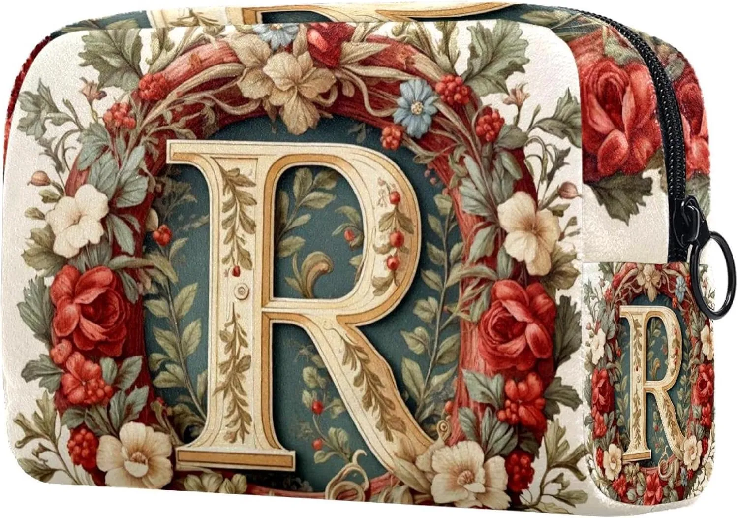 Letter R Surrounded by Wreath Retro Pattern Cosmetic Makeup Bags, Small Travel Zipper Pouch Portable Toiletry Bag Makeup rganizer for Women Teen Girls