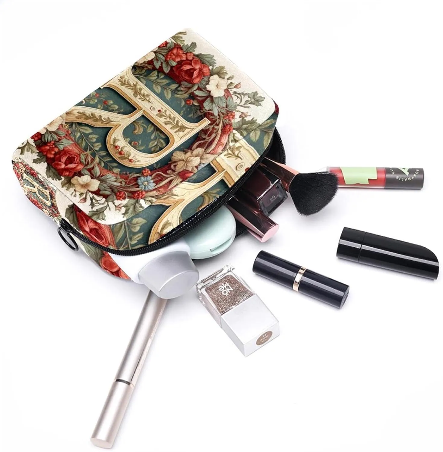 Letter R Surrounded by Wreath Retro Pattern Cosmetic Makeup Bags, Small Travel Zipper Pouch Portable Toiletry Bag Makeup rganizer for Women Teen Girls