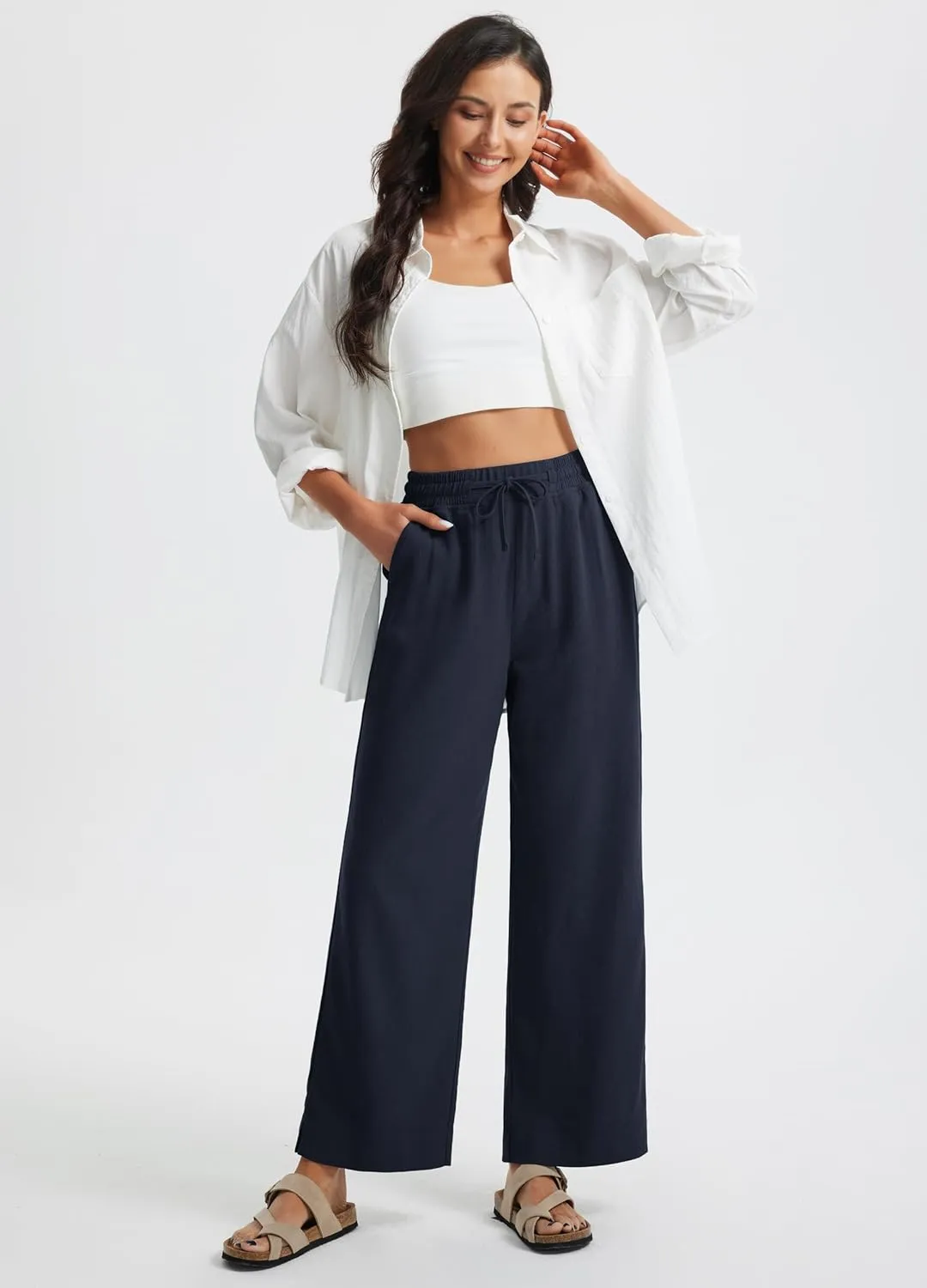 Libin Linen Pants Women Wide Leg Casual Beach Pants Cotton Linen Summer Lounge Pants Travel Work Trousers with Pockets