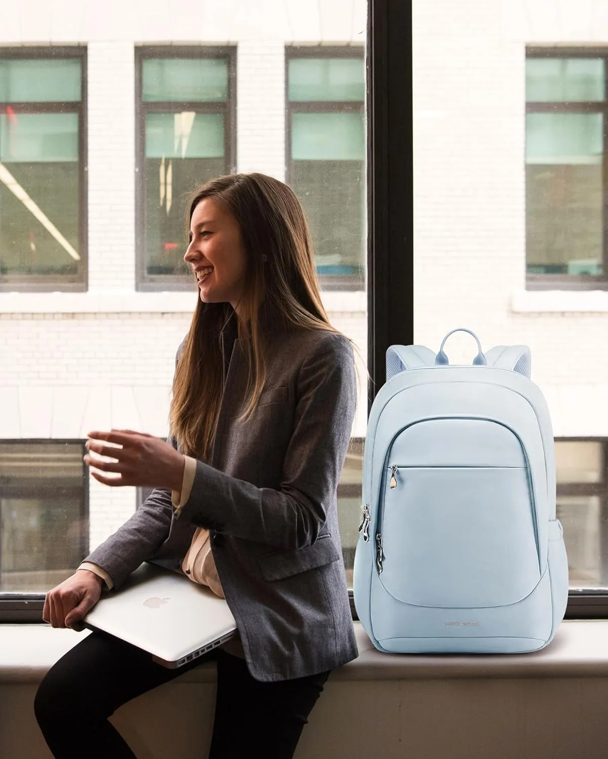 LIGHT FLIGHT Travel Laptop Backpack Women, 15.6 Inch Laptop Backpack with USB Charging Hole, Water Resistant College Bookbag, Black Computer Backpacks for Work,Light Blue