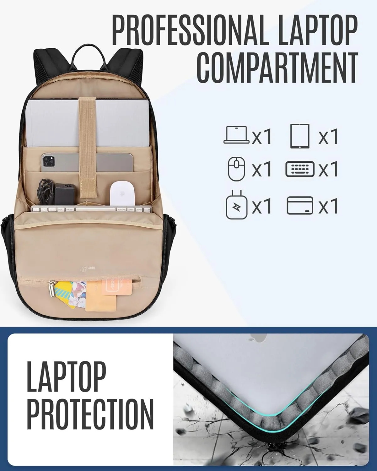 LIGHT FLIGHT Travel Laptop Backpack Women, 15.6 Inch Laptop Backpack with USB Charging Hole, Water Resistant College Bookbag, Black Computer Backpacks for Work,Light Blue