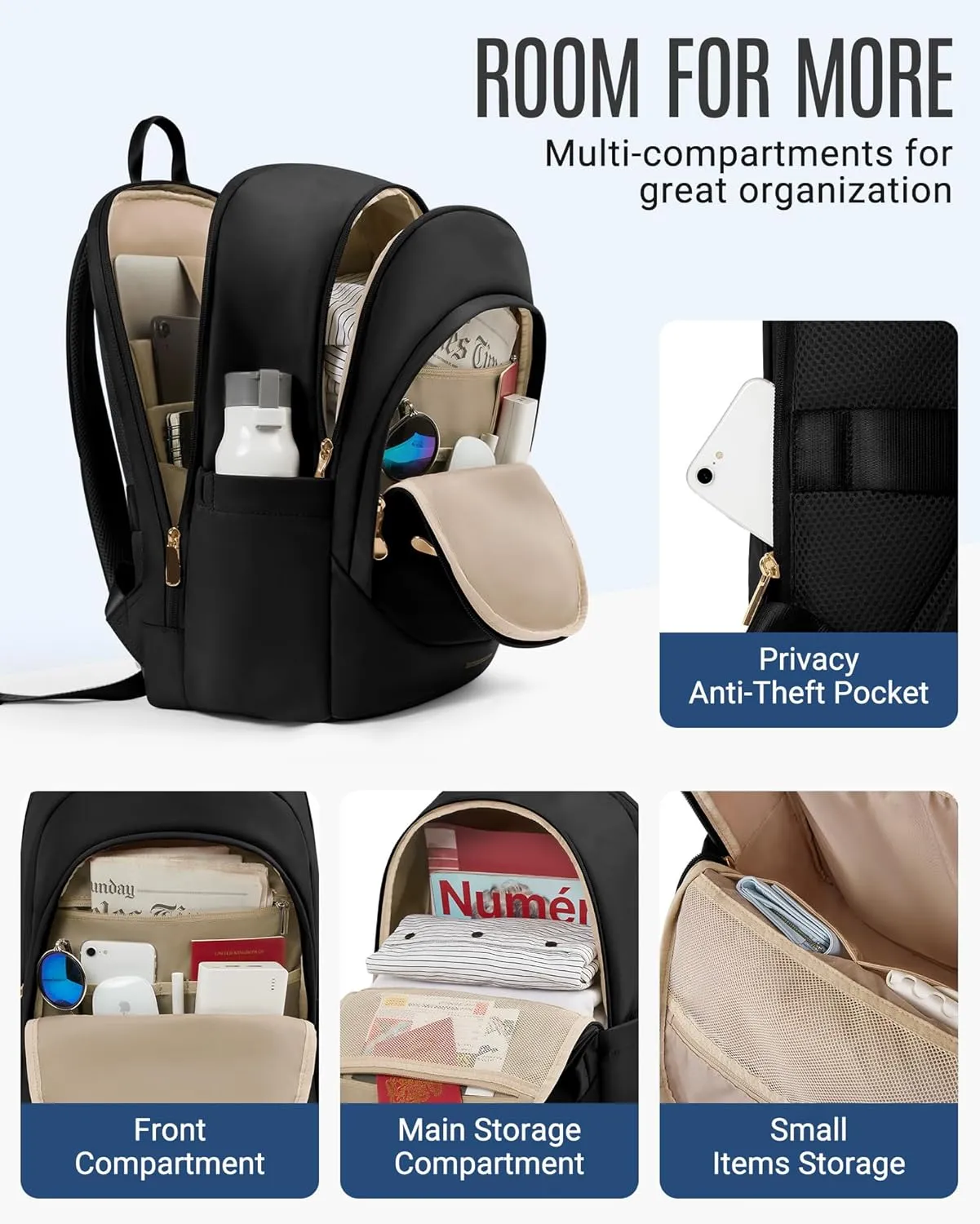 LIGHT FLIGHT Travel Laptop Backpack Women, 15.6 Inch Laptop Backpack with USB Charging Hole, Water Resistant College Bookbag, Black Computer Backpacks for Work,Light Blue