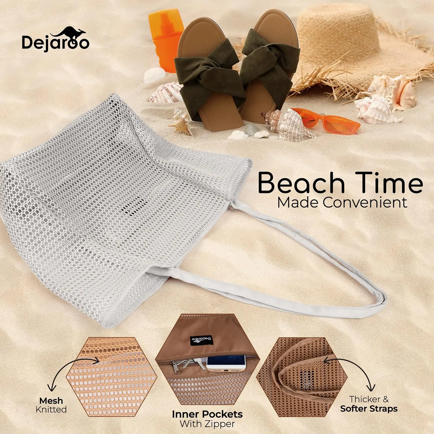 Lightweight Mesh Beach Bag - Beach Tote Bag with Thicker and Softer Straps - Packable Beach Bag with Inner Zipper