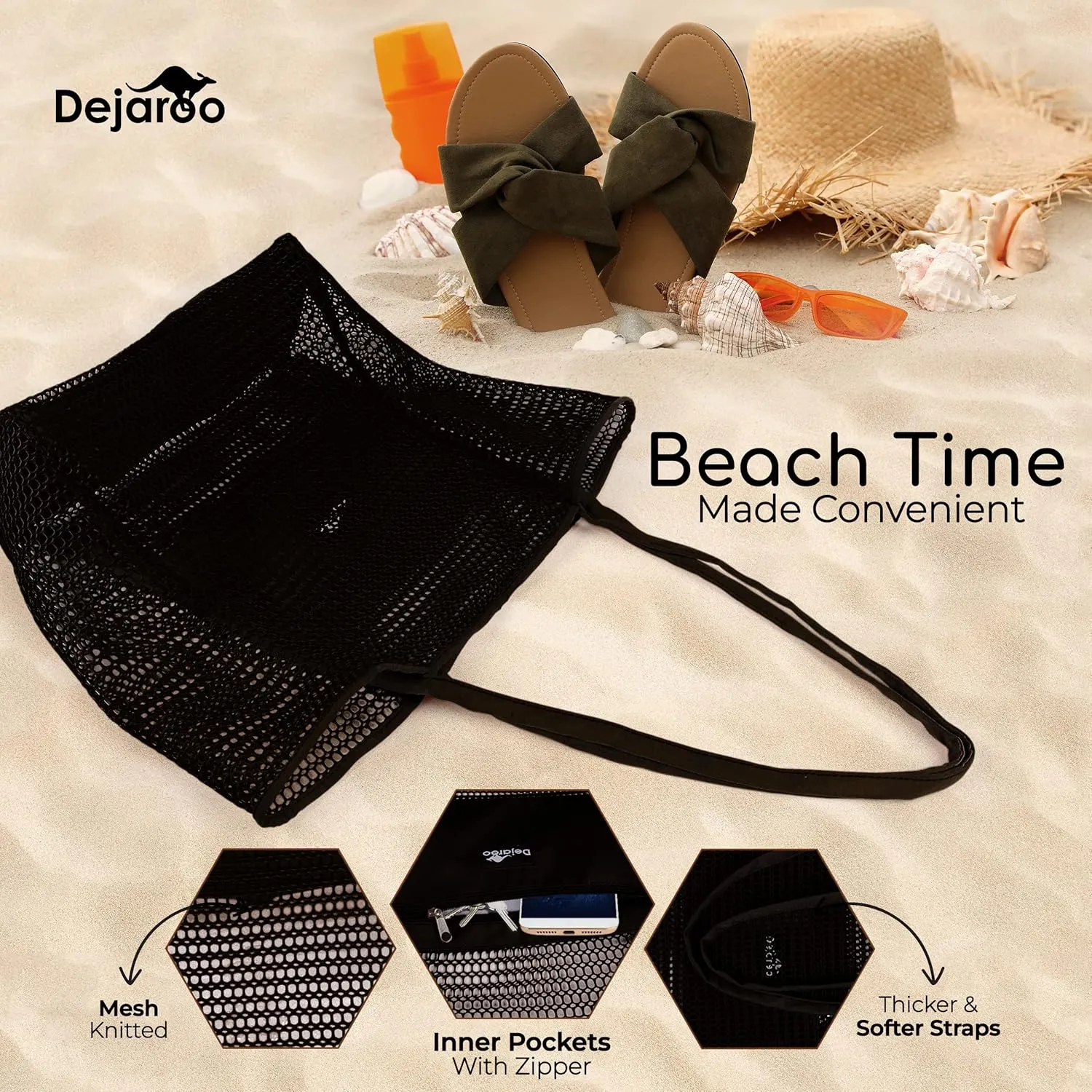 Lightweight Mesh Beach Bag - Beach Tote Bag with Thicker and Softer Straps - Packable Beach Bag with Inner Zipper