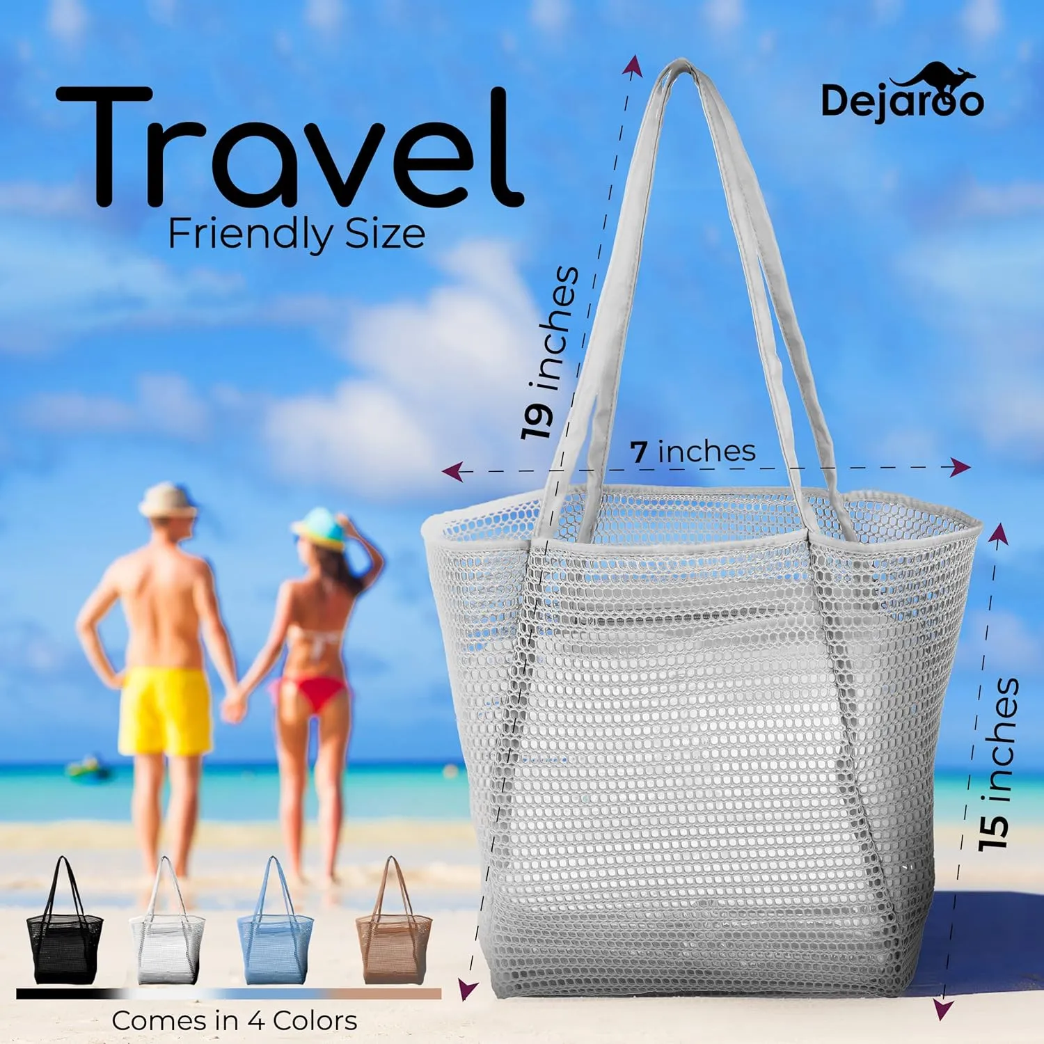 Lightweight Mesh Beach Bag - Beach Tote Bag with Thicker and Softer Straps - Packable Beach Bag with Inner Zipper