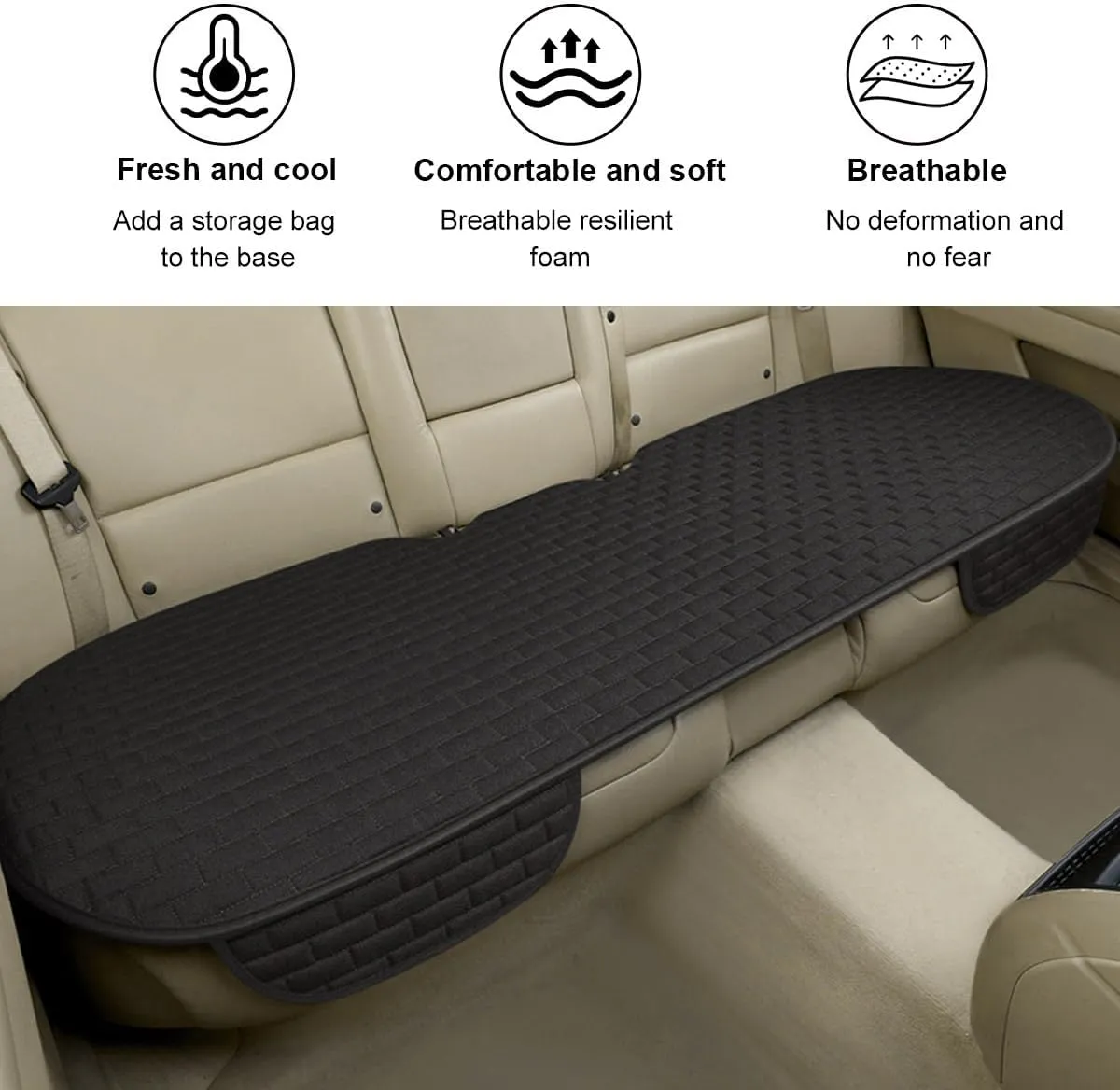 Linen Back Car Seat Cover, Anti-Slip Long Bottom Rear Seat Cover Protector with Storage Pockets, Breathable Linen Rear Bench Seat Protector Cushion Pad for Most Vehicles (Black)