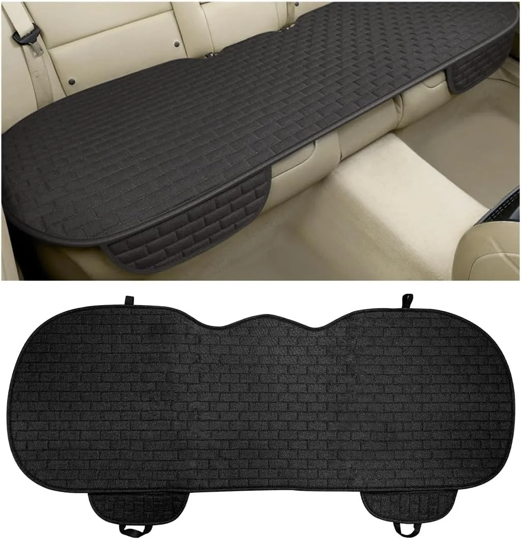 Linen Back Car Seat Cover, Anti-Slip Long Bottom Rear Seat Cover Protector with Storage Pockets, Breathable Linen Rear Bench Seat Protector Cushion Pad for Most Vehicles (Black)