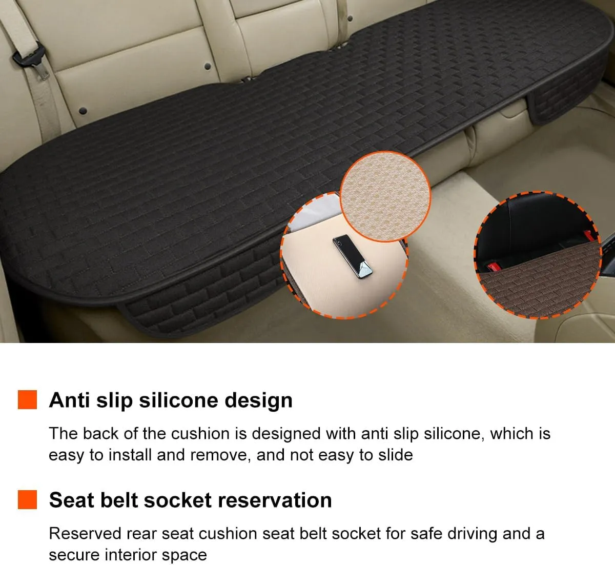 Linen Back Car Seat Cover, Anti-Slip Long Bottom Rear Seat Cover Protector with Storage Pockets, Breathable Linen Rear Bench Seat Protector Cushion Pad for Most Vehicles (Black)