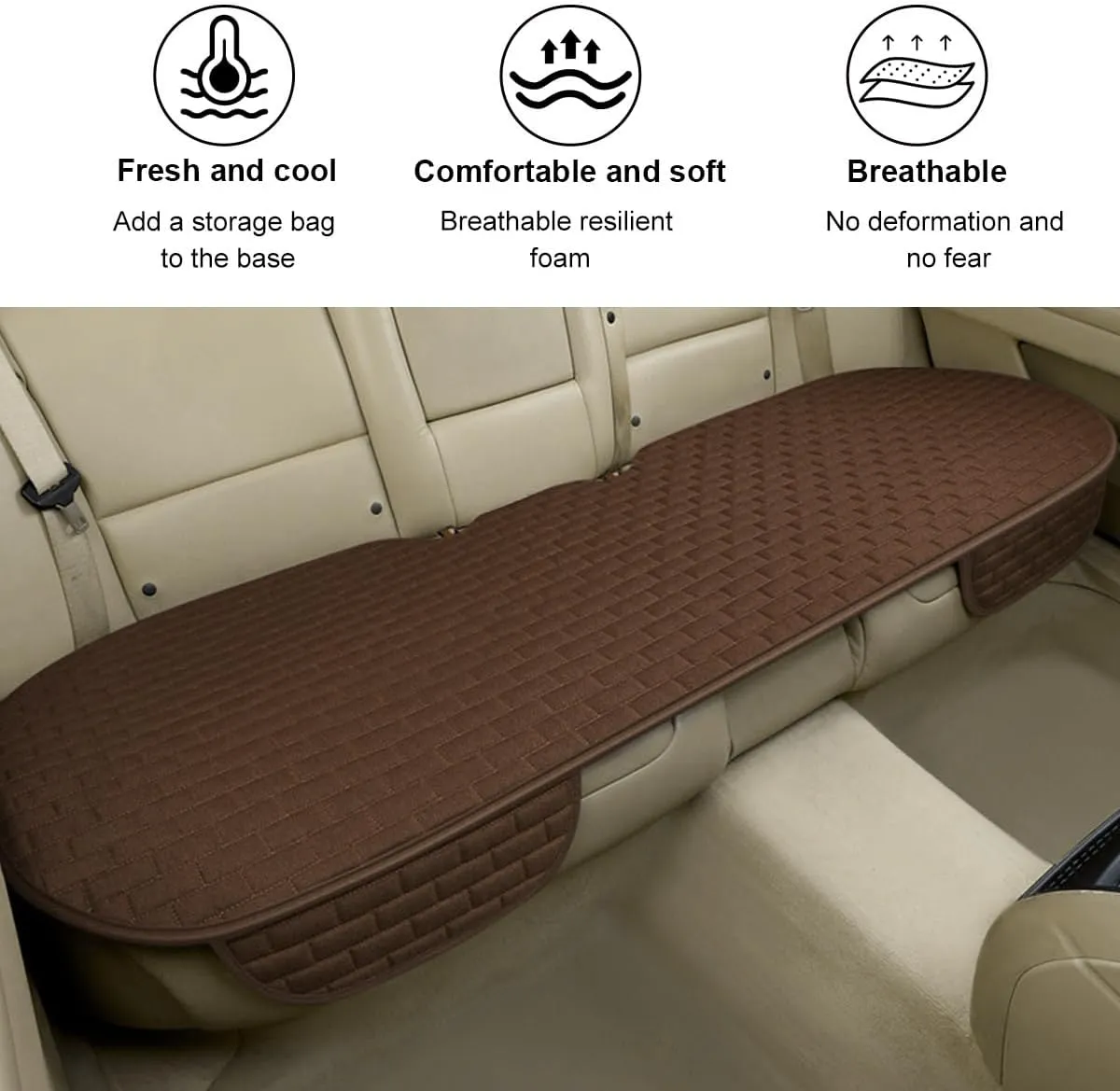 Linen Back Car Seat Cover, Anti-Slip Long Bottom Rear Seat Cover Protector with Storage Pockets, Breathable Linen Rear Bench Seat Protector Cushion Pad for Most Vehicles (Coffee)