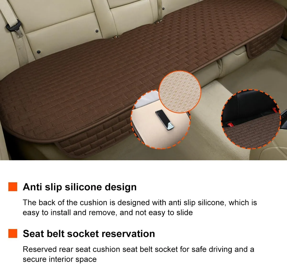 Linen Back Car Seat Cover, Anti-Slip Long Bottom Rear Seat Cover Protector with Storage Pockets, Breathable Linen Rear Bench Seat Protector Cushion Pad for Most Vehicles (Coffee)