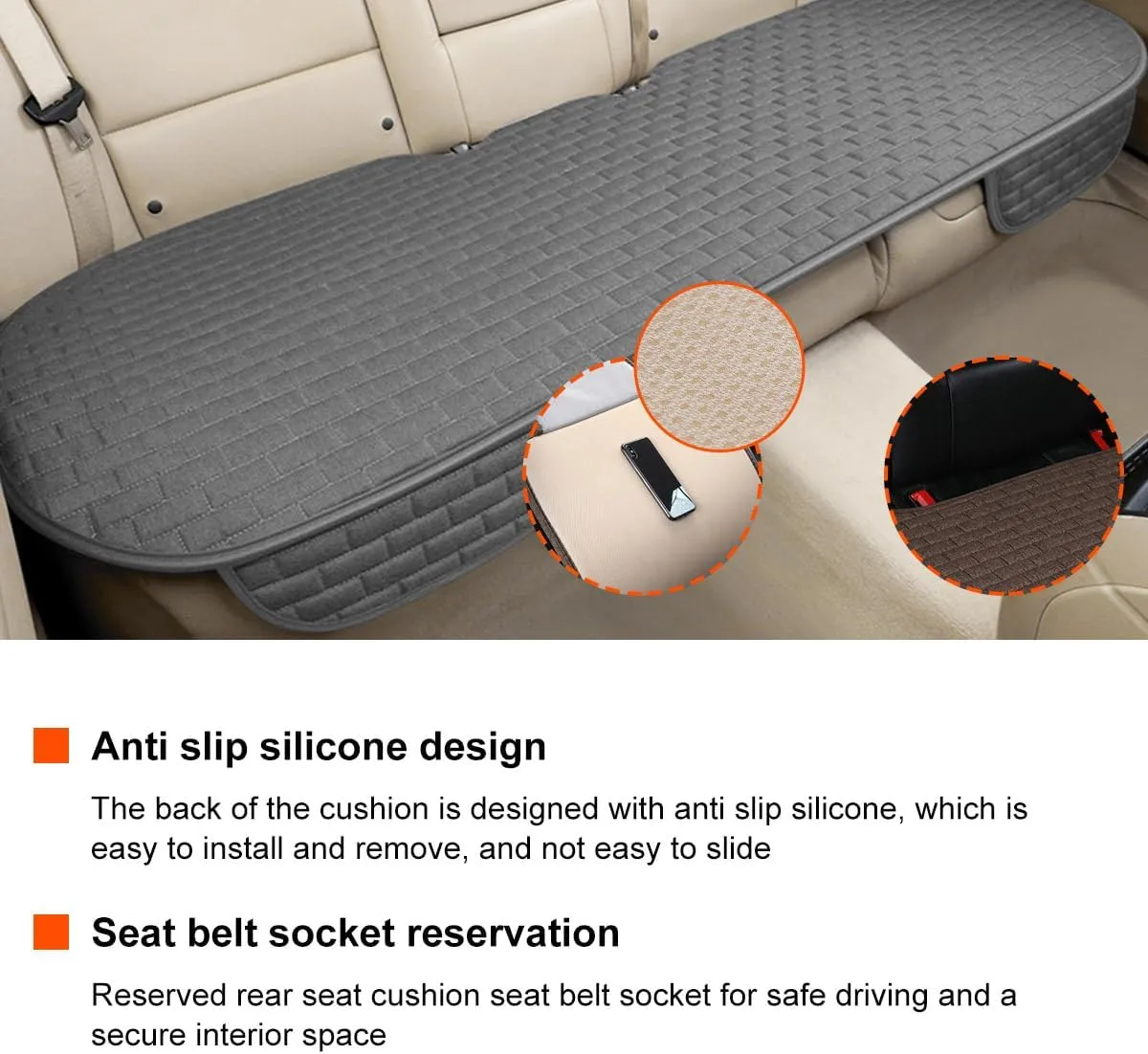 Linen Back Car Seat Cover, Anti-Slip Long Bottom Rear Seat Cover Protector with Storage Pockets, Breathable Linen Rear Bench Seat Protector Cushion Pad for Most Vehicles (Gray)