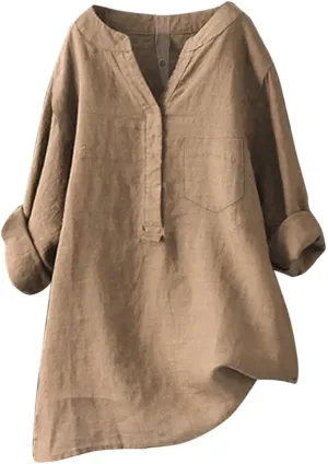Linen Button Down Shirts for Women 2025 3/4 Sleeve V Neck Tshirts Casual Loose Tunic Tops Plus Size Beach Blouses