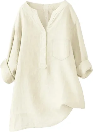 Linen Button Down Shirts for Women 2025 3/4 Sleeve V Neck Tshirts Casual Loose Tunic Tops Plus Size Beach Blouses