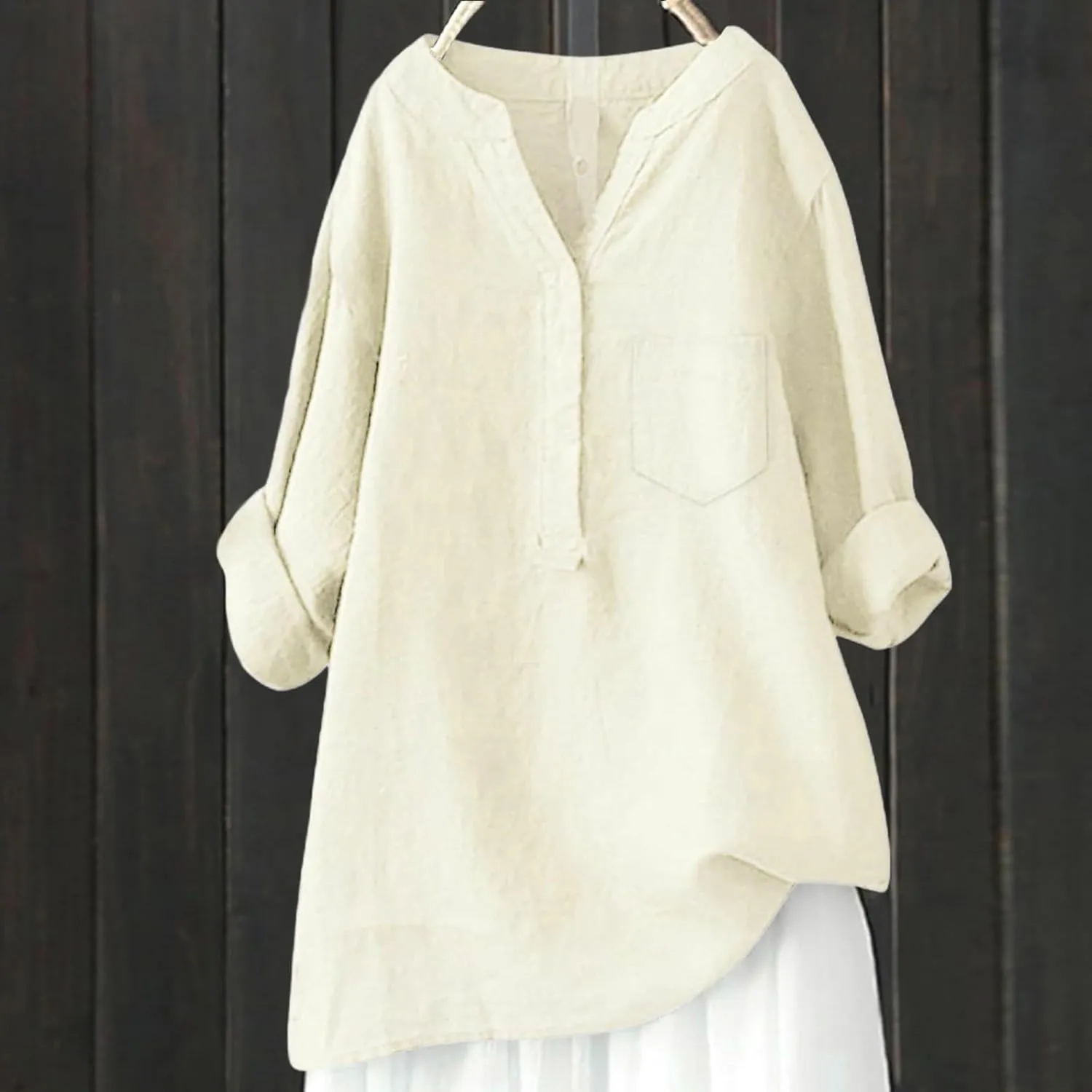 Linen Button Down Shirts for Women 2025 3/4 Sleeve V Neck Tshirts Casual Loose Tunic Tops Plus Size Beach Blouses