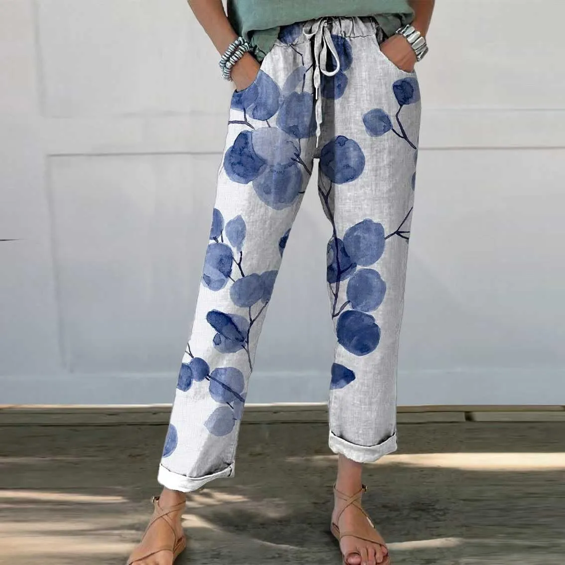 Linen Clothes for Women Beachwear for Women Autumn Linen Print Casual Pants Features: High Linen Pants for Women