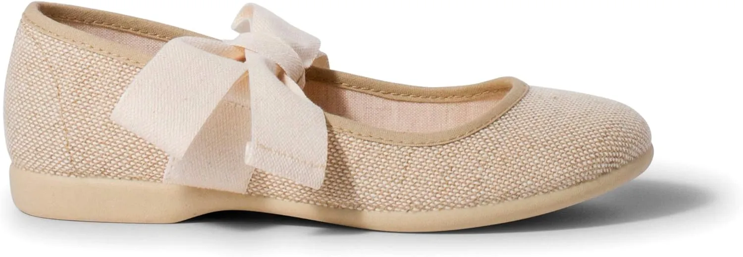 Linen Mary Janes with Beige Bow