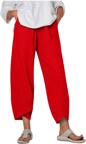 Linen Pants for Women Wide Leg High Waisted Drawstring Trousers Summer Casual Loose Trendy Beach Pants with Pockets