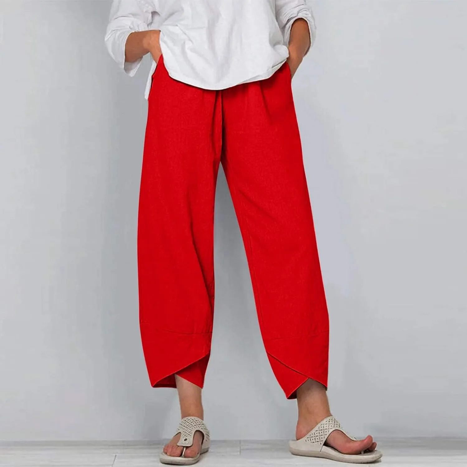 Linen Pants for Women Wide Leg High Waisted Drawstring Trousers Summer Casual Loose Trendy Beach Pants with Pockets