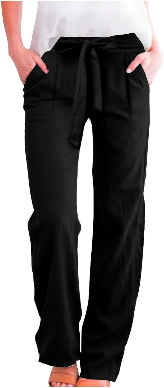 Linen Pants Women Plus Size High Waisted Dress Pants Knot Tie Straight Leg Work Pants Paperbag Pants with Pockets