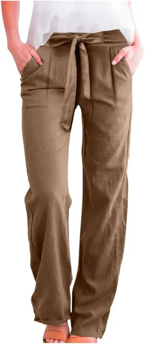 Linen Pants Women Plus Size High Waisted Dress Pants Knot Tie Straight Leg Work Pants Paperbag Pants with Pockets