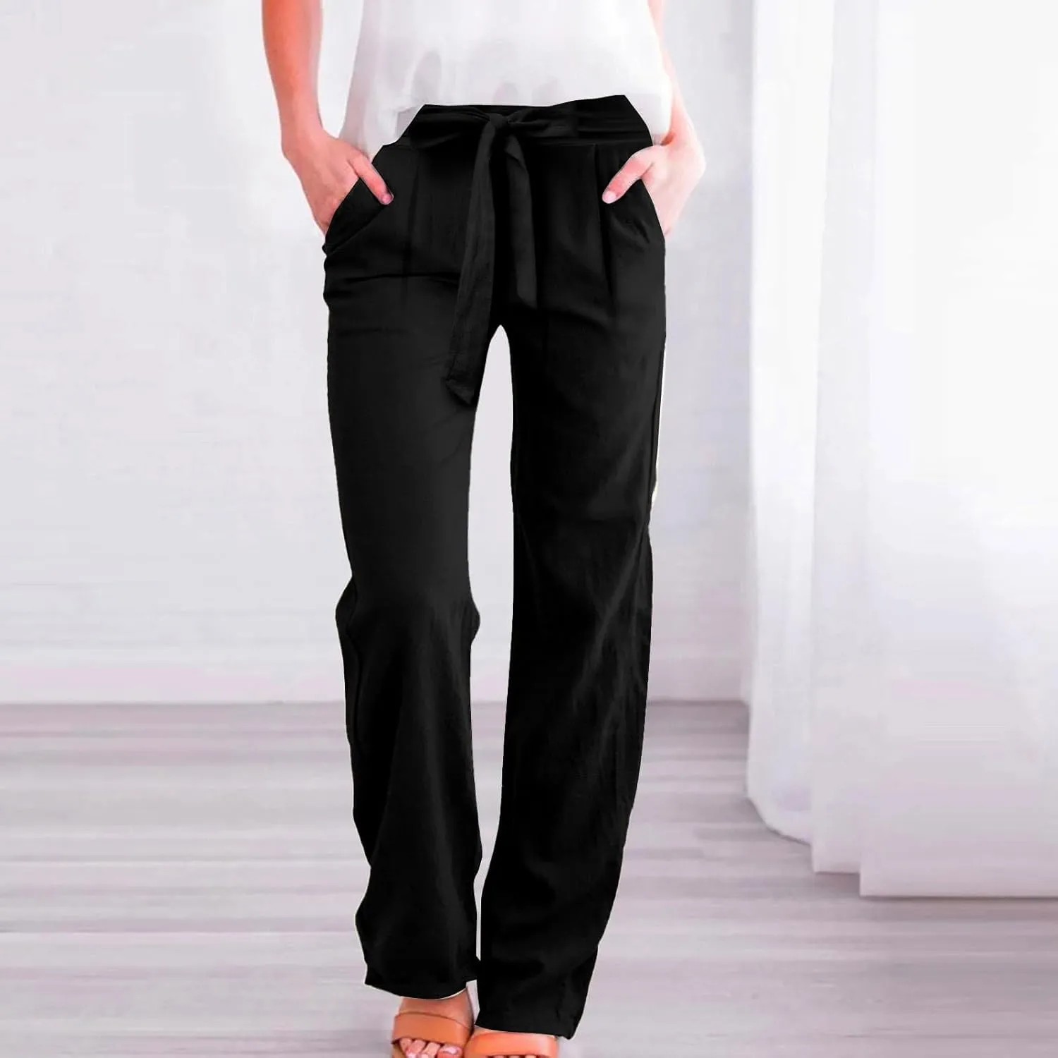 Linen Pants Women Plus Size High Waisted Dress Pants Knot Tie Straight Leg Work Pants Paperbag Pants with Pockets