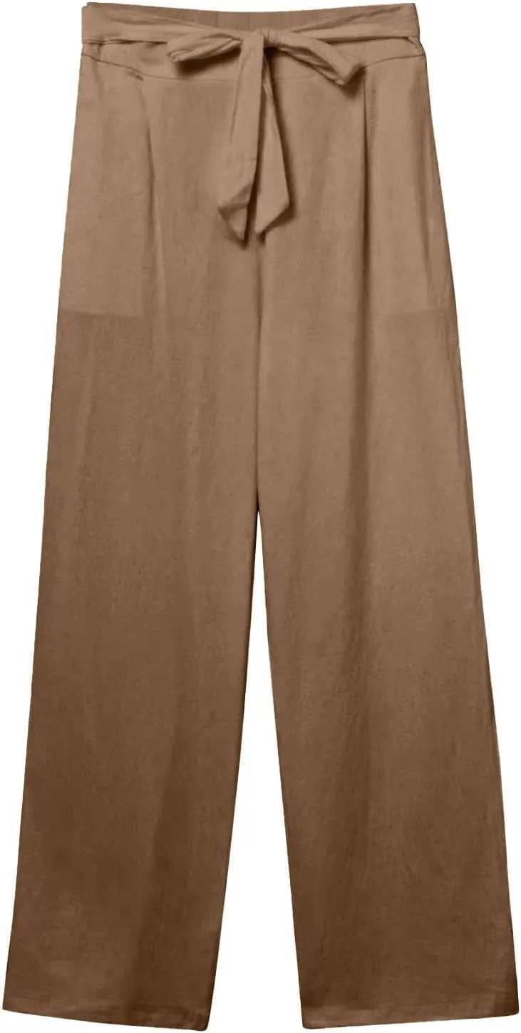 Linen Pants Women Plus Size High Waisted Dress Pants Knot Tie Straight Leg Work Pants Paperbag Pants with Pockets