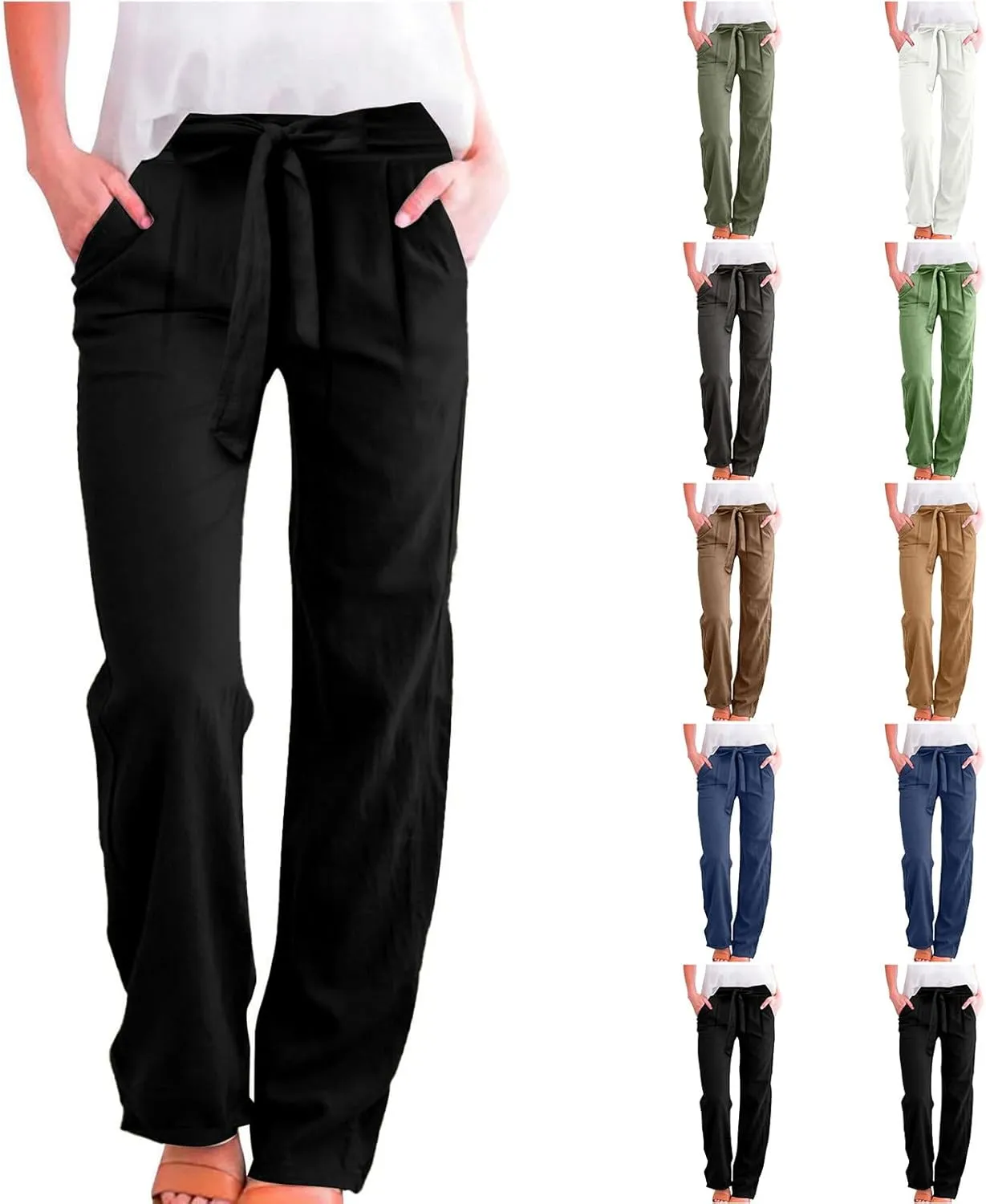 Linen Pants Women Plus Size High Waisted Dress Pants Knot Tie Straight Leg Work Pants Paperbag Pants with Pockets