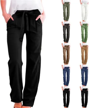 Linen Pants Women Plus Size High Waisted Dress Pants Knot Tie Straight Leg Work Pants Paperbag Pants with Pockets