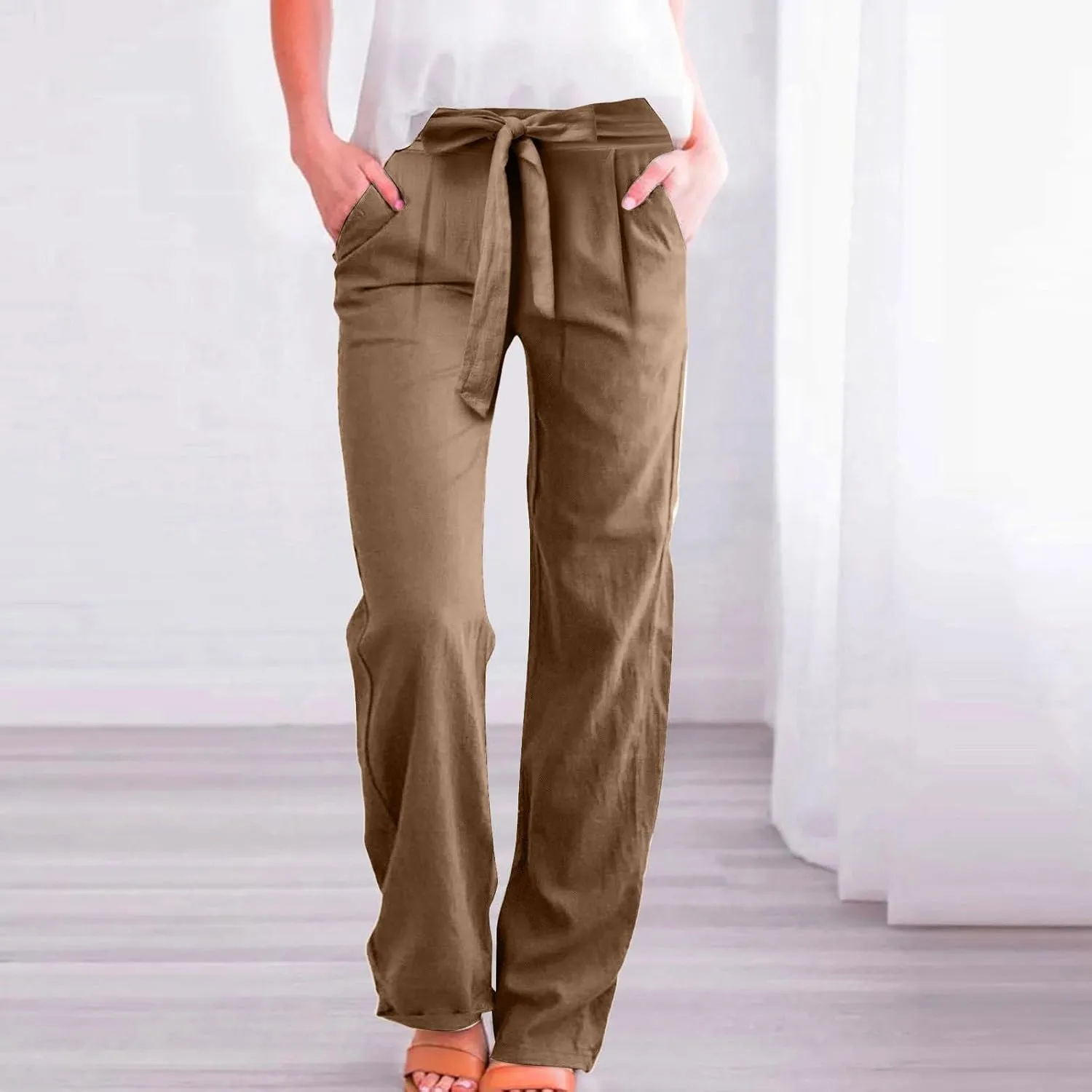 Linen Pants Women Plus Size High Waisted Dress Pants Knot Tie Straight Leg Work Pants Paperbag Pants with Pockets