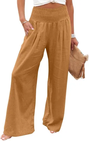 Linen Pants Women Summer High Waisted Palazzo Pants Pleated Lounge Pant Baggy Flowy Trousers with Pockets (S-XXL)