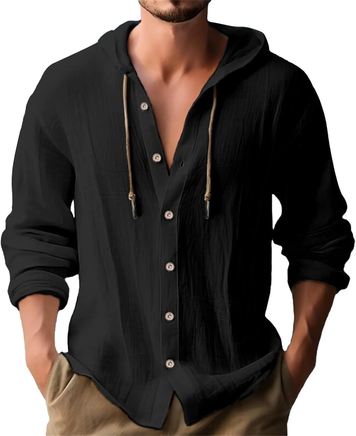 Linen Shirts for Men Casual Button Shirts Summer Cotton Linen Hoodie Beach Long Sleeve Shirts Top with Hood