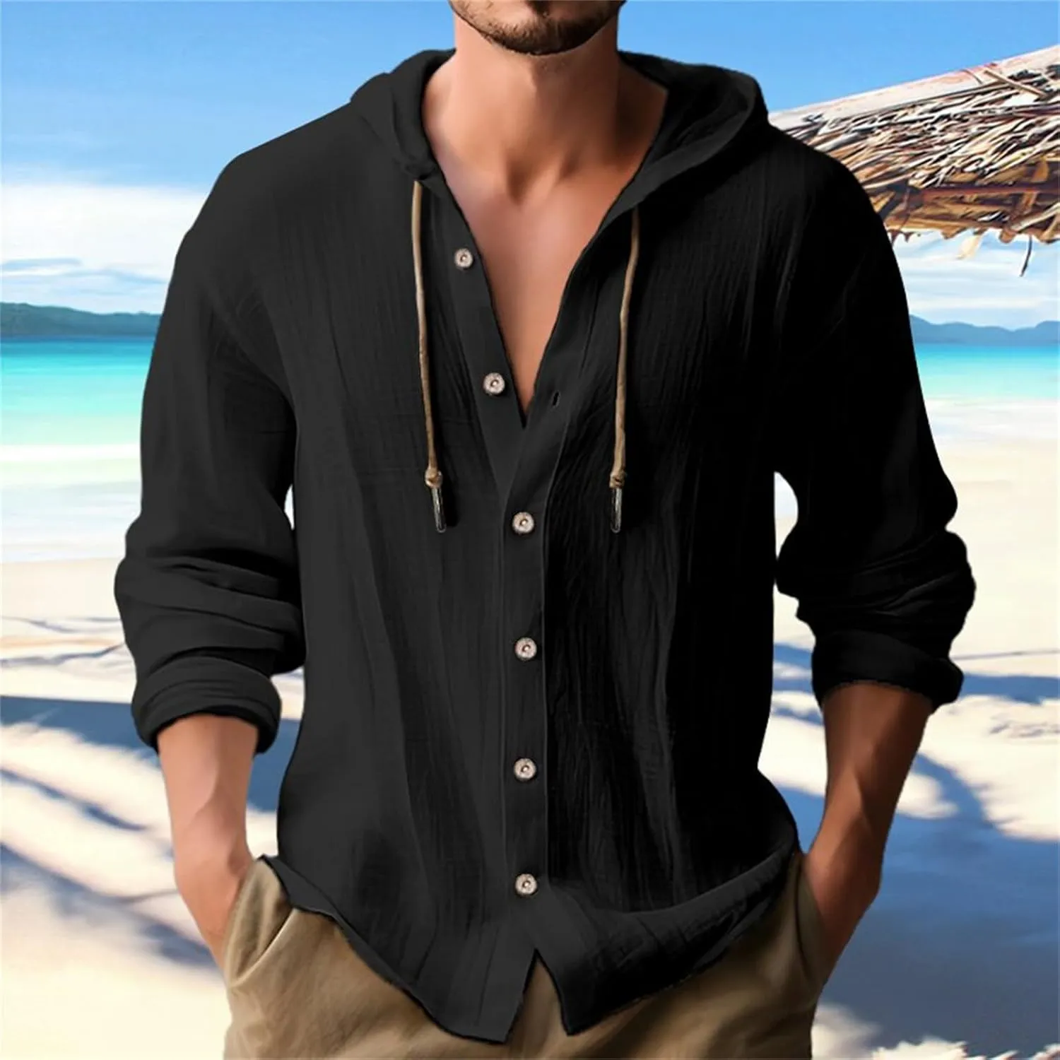 Linen Shirts for Men Casual Button Shirts Summer Cotton Linen Hoodie Beach Long Sleeve Shirts Top with Hood