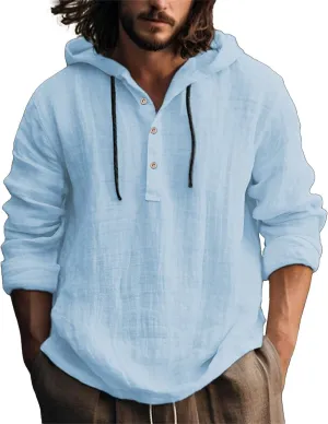 Linen Shirts for Men Lightweight Hoodie Casual Long Sleeve Loose Fit Breathable Sports Button Big Tall Party Tops