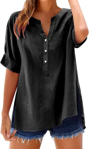 Linen Shirts for Women Button Down Shirts Short Sleeve Cotton Collared V Neck Solid Casual Blouses with Pockets