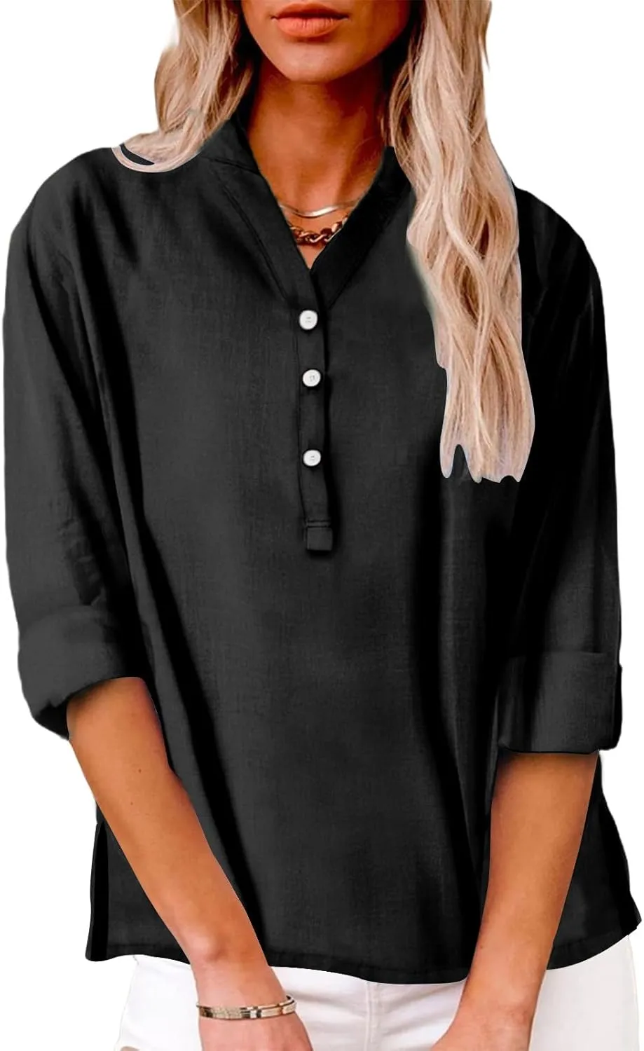 Linen Shirts for Women Button Down Shirts Short Sleeve Cotton Collared V Neck Solid Casual Blouses with Pockets
