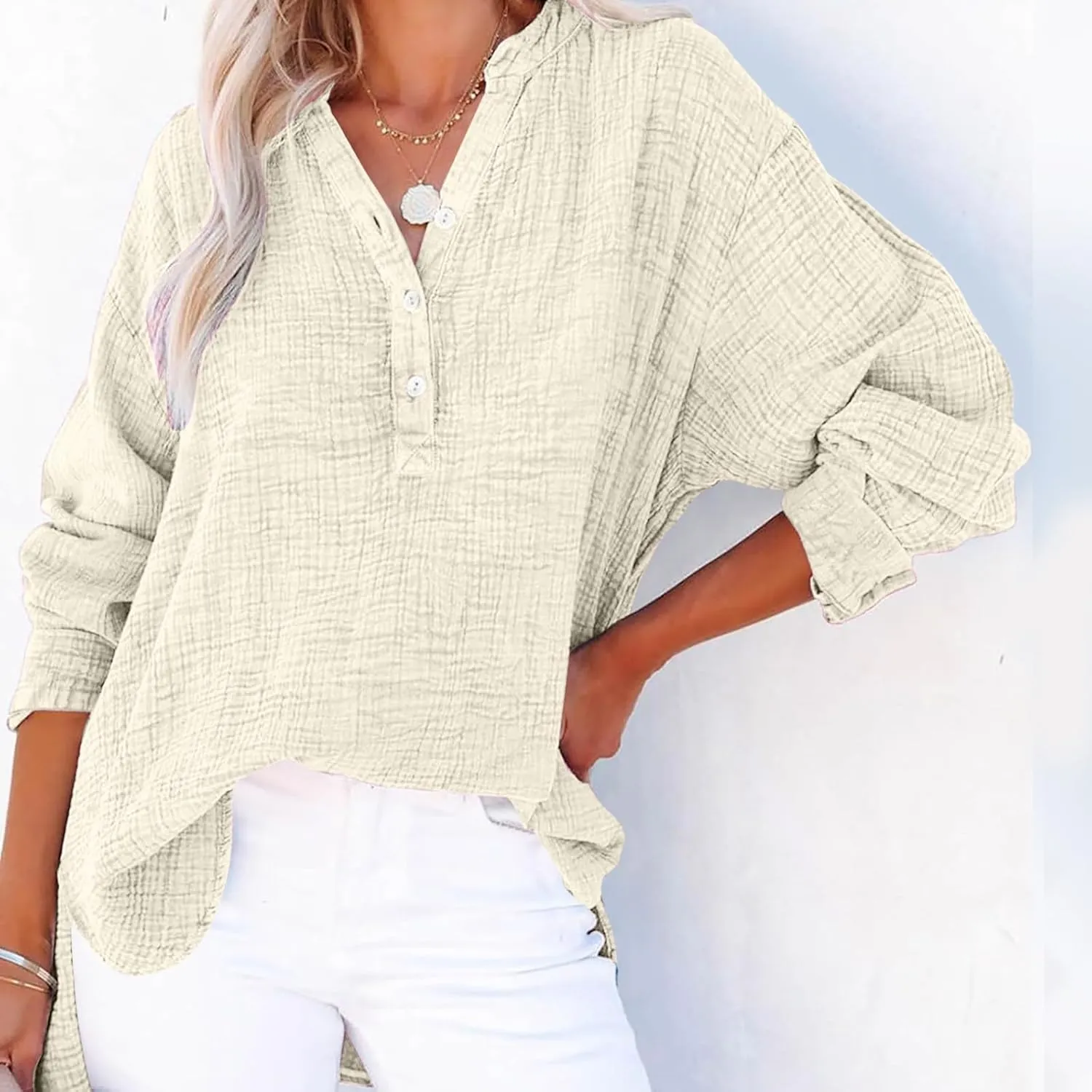 Linen Shirts for Women Casual Button V Neck Long Sleeve Shirts Oversized Solid Blouses Tops for Women Trendy Summer 2025