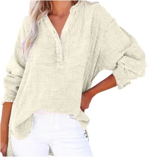 Linen Shirts for Women Casual Button V Neck Long Sleeve Shirts Oversized Solid Blouses Tops for Women Trendy Summer 2025