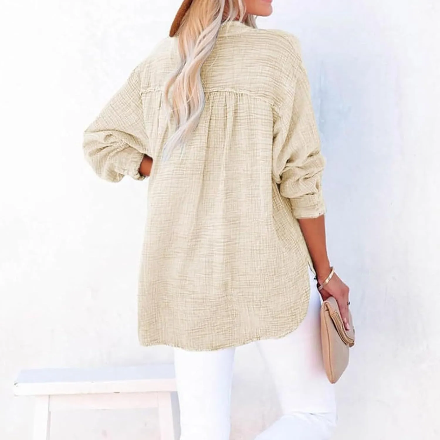 Linen Shirts for Women Casual Button V Neck Long Sleeve Shirts Oversized Solid Blouses Tops for Women Trendy Summer 2025