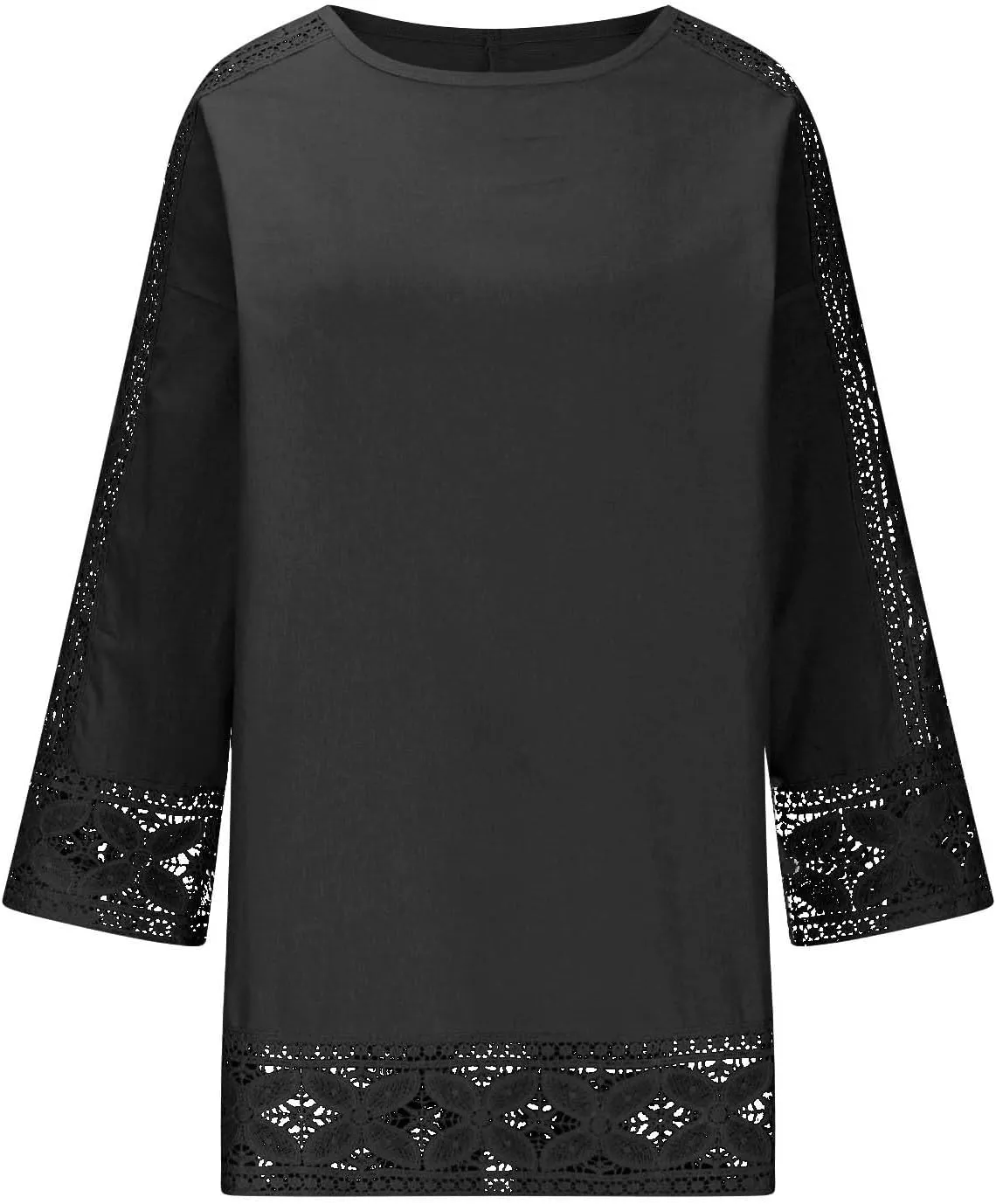 Linen Shirts for Women Lace Patchwork 3/4 Length Sleeve Womens Tops Mock Neck Dressy Casual Loose Fit Cotton Blouse