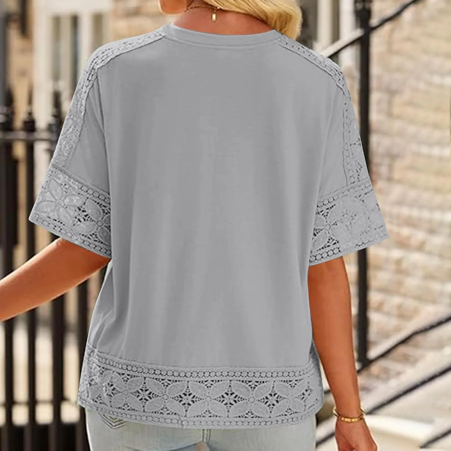 Linen Shirts for Women Lace Patchwork 3/4 Length Sleeve Womens Tops Mock Neck Dressy Casual Loose Fit Cotton Blouse